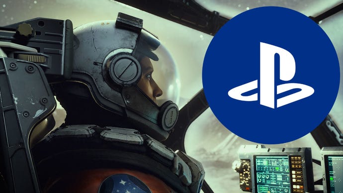 Starfield screenshot of a man in a space ship with a PlayStation logo overlayed to one side