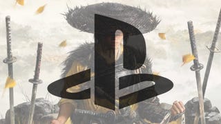 A PlayStation logo somewhat transparently overlaid over an image of Ghost of Yotei. A feminine samurai in clothing and a large round wicker hat stands surrounded by swords stuck in the ground.