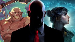 Composite image showing a character from Gorn 2 on the left, Edith Penrose from Ghost Town on the right, and Hitman's Agent 47 between them.