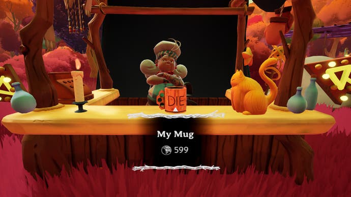 Wanderstop screenshot showing a comedy merchant trying to charge a load of fake money for a mug that reads "DIE"