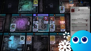 A close-up view of a top down mansion blueprint, with characters gathered in the dining room to pet the cat Mr Tubbs in The Horror at Highrook. The Eurogamer Wishlisted logo is in the bottom right corner of the image.