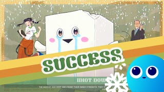 A crying tofu block rejoices after a successful job in Promise Mascot Agency. The Eurogamer Wishlisted logo is in the bottom right corner of the image.