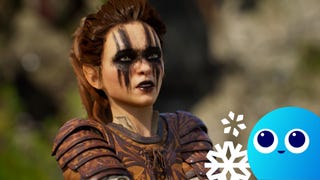 A feminine halfling character from Solasta 2 talks to the camera. They have black, gothy eye makeup on, which extends in large streaks above and below their eyes. They have white skin, brown hair and brown leather armour. Oh, and dark lipstick. It's a striking look.