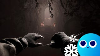 A Total Chaos screenshot showing a first-person perspective of the player walking down a dark tunnel towards a slightly better lit arched exit. In the nearground we see their hands holding what looks like a homemade shiv.