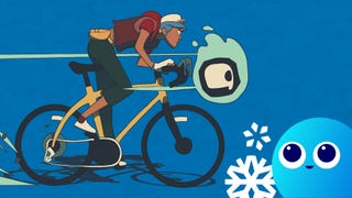 A person rides their bike, with a skull in the basket, in Wheel World. The Eurogamer Wishlisted logo is in the bottom right corner of the image.