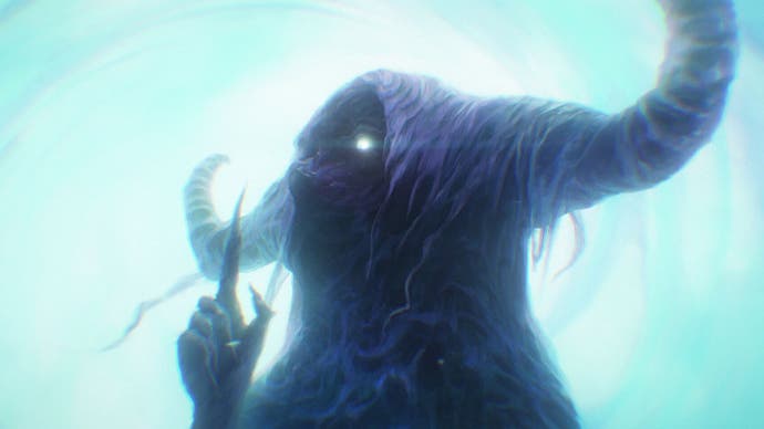 Wyrdsong artwork featuring a horned creature with glowing eyes.